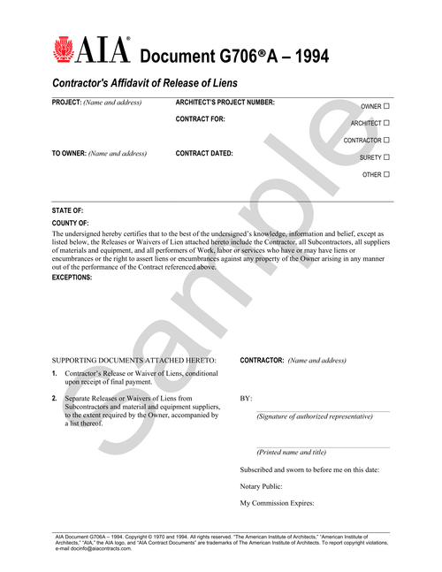 G706A: Contractor's Affidavit of Release of Liens