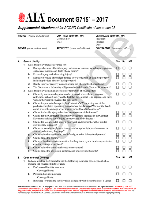 G715: Supplemental Attachment for ACORD Certificate of Insurance 25
