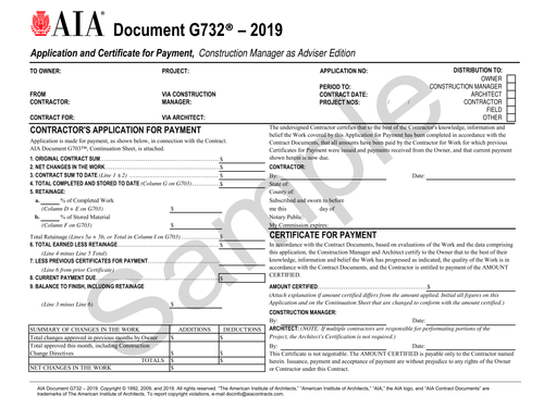 G732: Payment Application and Certificate - Construction Manager as Advisor Edition
