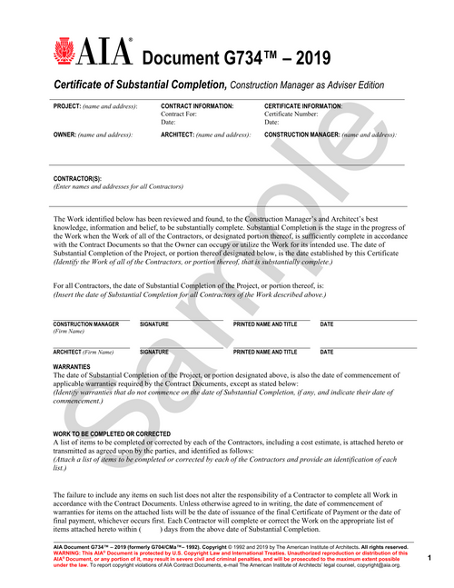 G734: Certificate of Substantial Completion - Construction Manager as Advisor Edition