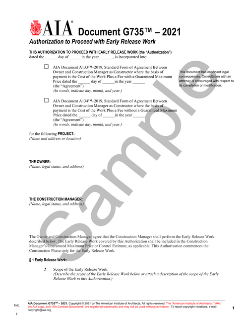 G735: Authorization to Proceed with Early Release Work - Construction Manager as Constructor