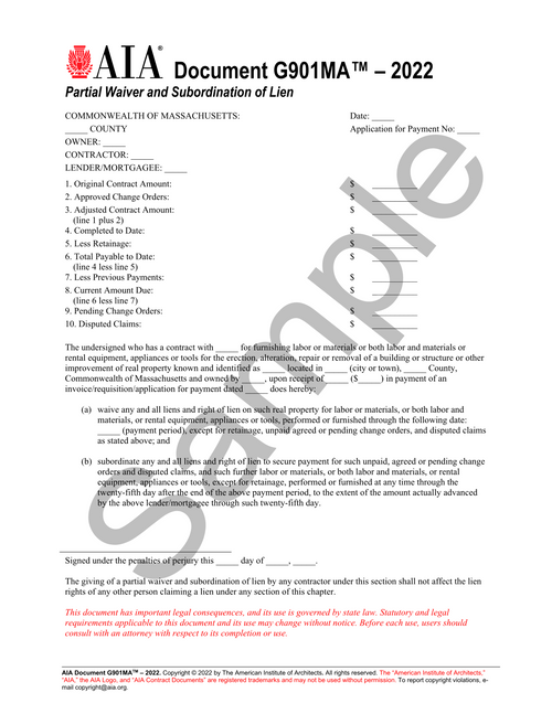 G901MA: Lien Waiver Form - Partial Waiver and Subordination of Lien (Massachusetts Version)