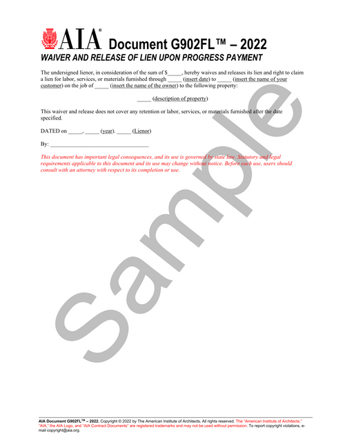 G902FL: Lien Waiver Form - Waiver and Release of Lien on Progress Payment (Florida Version)