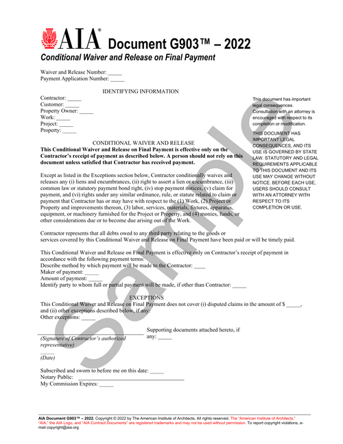 G903: Lien Waiver Form - Conditional Waiver on Final Payment