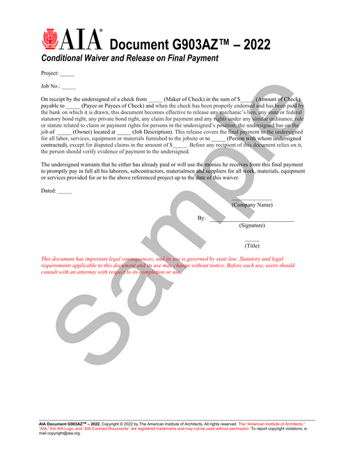 G903AZ: Lien Waiver Form - Conditional Waiver on Final Payment (Arizona Version)