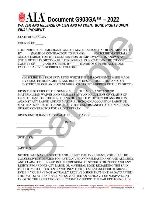 G903GA: Lien Waiver Form - Waiver of Lien and Payment Bond Rights on Final Payment (Georgia Version)