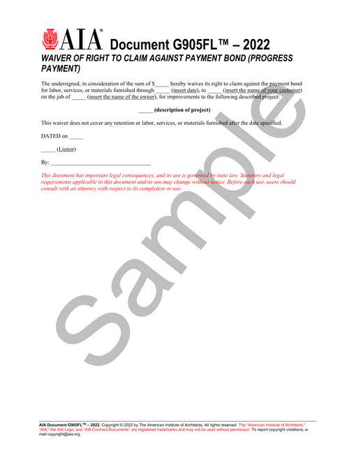 G905FL: Waiver of Right to Claim Against Payment Bond - Progress Payment (Florida Version)