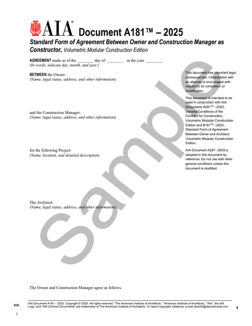 A181: Owner and Construction Manager as Constructor Agreement - Volumetric Modular Construction