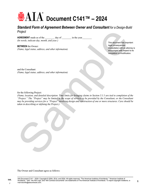 C141: Owner and Consultant Agreement - Design-Build
