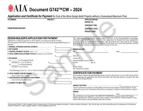 G742CW: Payment Application and Certificate - Cost of Work, Design-Build, No Guaranteed Maximum Price