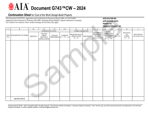 G743CW: Continuation Sheet - Cost of Work Design-Build Projects
