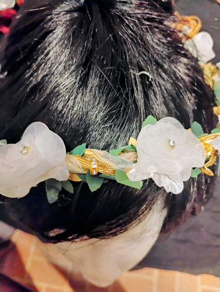 Ethereal White Rose Hair Wreath with Gold Accents