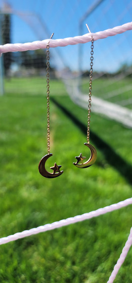 moon and star gold threader earrings