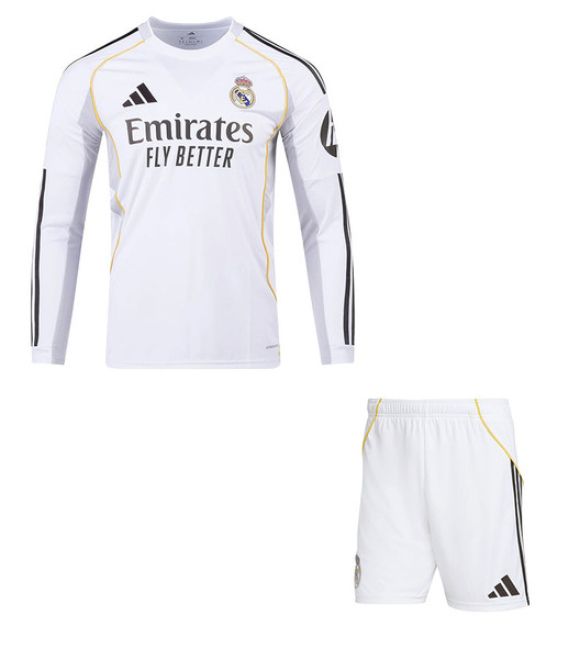 25/26 Real Madrid Long Sleeve Home Kids Kit with free name and number