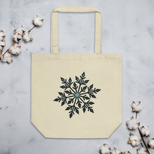 Cream Colored Beige Tote Bag with Black and Blue Crystal Snowflake Cream Colored Beige Tote Bag with Black and Blue Crystal Snowflake