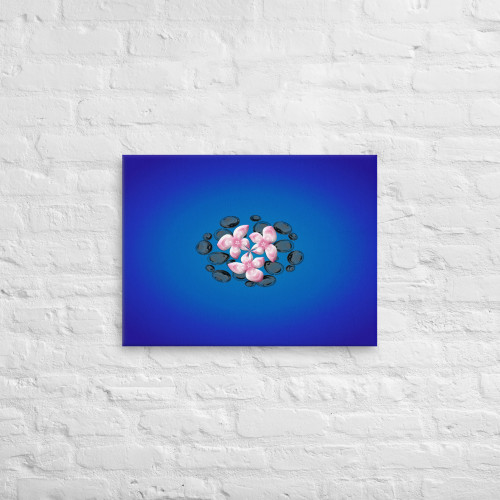 Blue Glass Rocks and Pink Flower Petals on Canvas