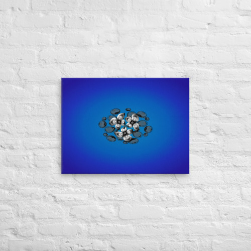 Blue Glass Rocks and Pewter Flower Petals on Canvas