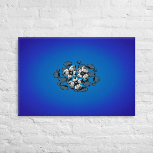 Blue Glass Rocks and Pewter Flower Petals on Canvas