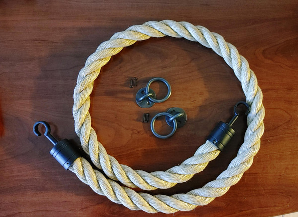 Twisted tan Nautical rope with black ends and hardware