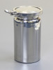 Stainless Container 2 Liter
Materials of Construction:
- Body: 316 stainless steel
- Lid: 316 stainless steel
- Clamp: 304 stainless steel
- Gasket: Silicone (FDA acceptable grade)

Method of Construction: All welds ground and polished
Crevice free interior
Surface Finish: Better than 0.5 microns Ra
Dimensions 
Width   = 119 mm
Length = 227 mm
Weight: 2.0 Kg (body + lid + gasket + clamp)
Note: The neck of the container is fitted with a 4” diameter ferrule which conforms to BS4825-3