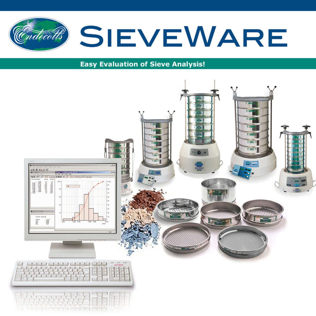 This software serves to support sieving, and the storage and representation of
particle size distributions determined with the sieve analysis. For each sieving the
measurements are stored in a file (rdf file) and are then available for extensive
evaluation.
SieveWare permits the use of 16 sieves + sieve base. The largest supported sieve
mesh aperture size is 125 mm.