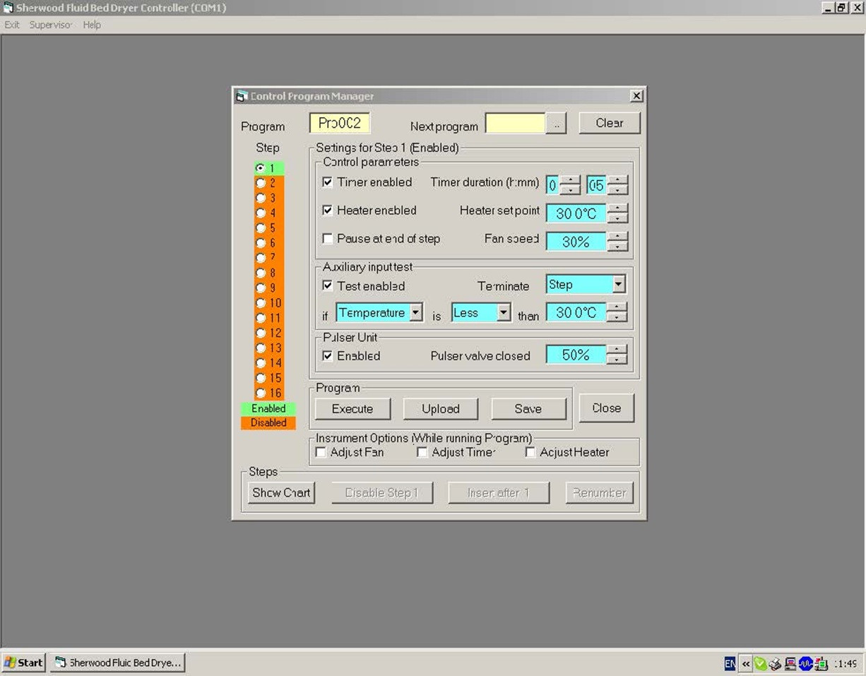 Create a New Program
Choosing this option calls up a menu screen which allows the user to choose the conditions for each step of a multi-step drying procedure. The choice of the options and the number of steps are the basics to writing a Program. The menu screen is shown below.