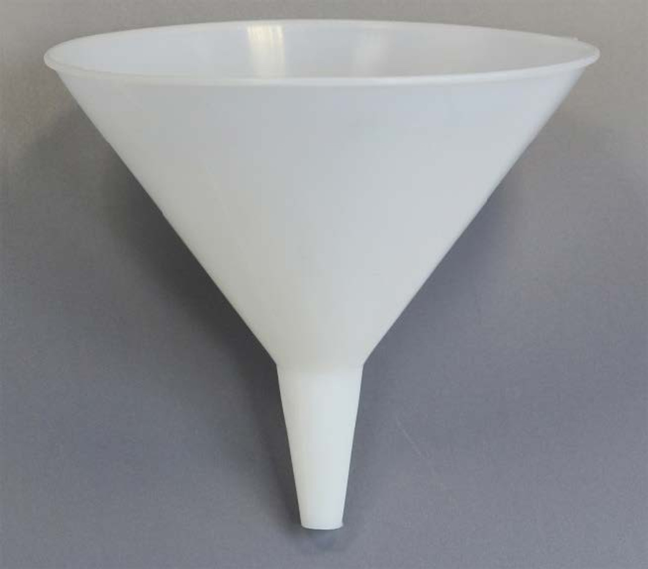 Description Disposable Funnel – 200mm diameter
Material of Construction: High Density Polyethylene (HDPE) - virgin
• Conforms to FDA CFR 177.1520
• Conforms to EU Regulations 10/2011
• Conforms to EC Regulations 1935/2004

Method of Construction: Single piece, injection moulded
Max. Diameter: 195mm
Overall Height: 190mm
OD at Bottom of Spout: 15mm
ID at Bottom of Spout: 11mm
ID at Top of Spout: 30mm
Nominal Weight: 91g
Moulding & Packing Environment: Class 100,000 Cleanroom
Individually Bagged? Yes (heat sealed PE bag)
Method of Sterilisation: N/A
Material BSE/TSE Free Yes
Number of Funnels per Box: 20
BSE/TSE Free: Yes
Recommended Storage Conditions: Dry and ambient temperature