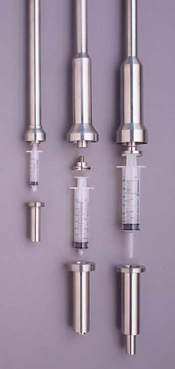This sampler is available for use with 5cc and 60cc sterile disposable syringes. The top of the sampler has exactly the same scale as the syringe so that unit-dose samples or bulk samples may be taken. 60cc syringe comes with a catheter tip (5mm ID bore) to facilitate sampling of suspensions and semi-solids. The body of the syringe is completely enclosed, and only the tip is exposed to the material.