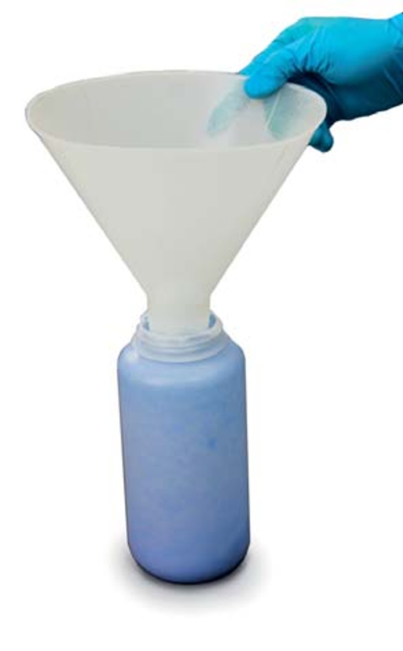 The new disposable Powder Funnel is ideal for transferring
powders. Available both sterile and non sterile. Made from
chemically resistant food grade HDPE.