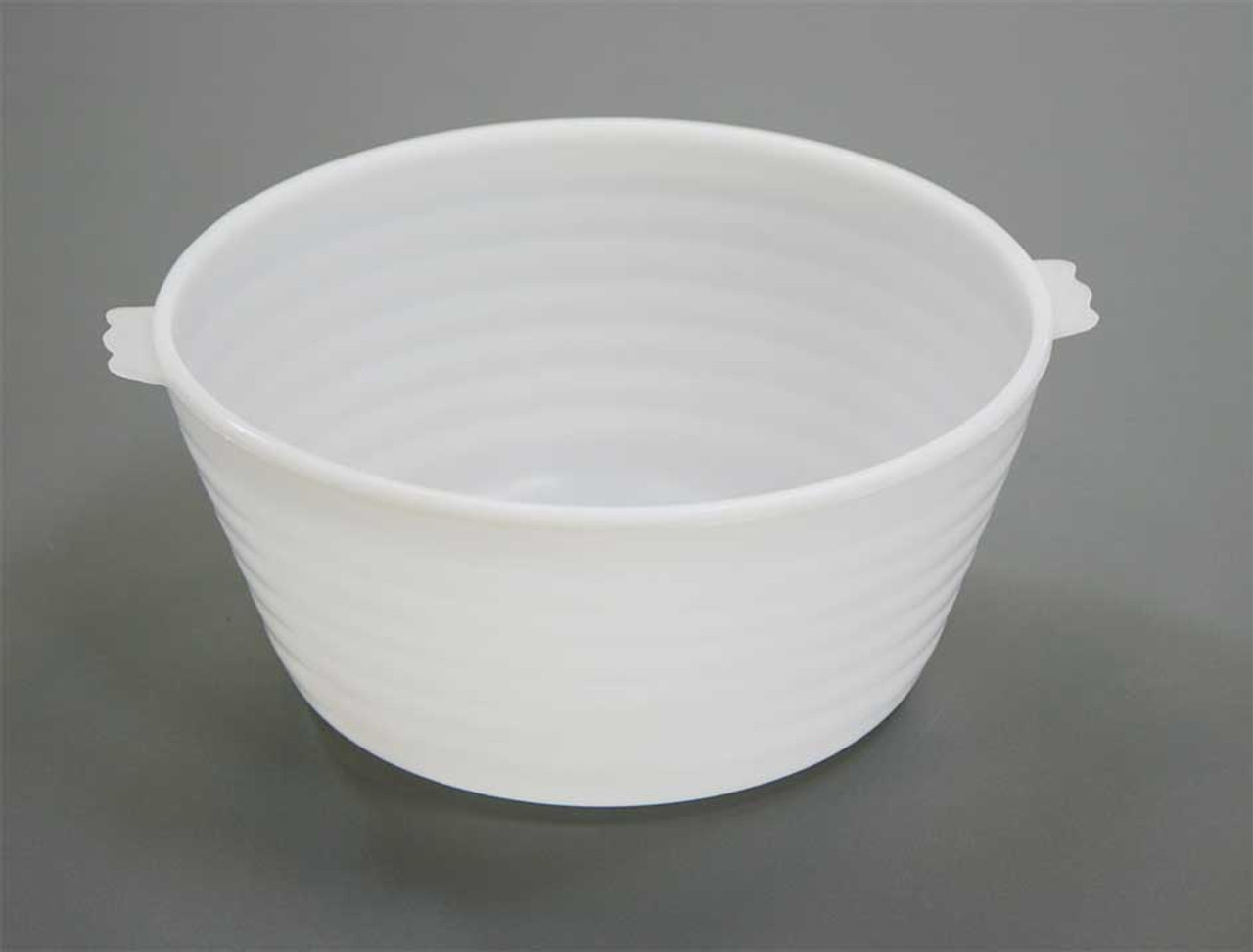 Description Disposable Bowl 3000 ml
Material of Construction: High Density Polyethylene (HDPE) – rigid, white
- FDA acceptable CFR 177.1520
- EU Regulations 10/2011 compliant
- EC Regulations 1935/2004 compliant
Method of Construction: Single piece, injection moulded
Max. Diameter (including handles): 256mm
OD at top rim (excluding handles): 227mm
ID at top rim: 216mm
Depth of Bowl: 109mm
Nominal Weight: 170g
Moulding & Packing Environment: Class 100,000 Cleanroom
Individually Bagged? Yes (heat sealed PE bag)
Method of Sterilisation: Gamma Irradiation (25-45kGy)
Number of Bowls per Box: 15
BSE/TSE Free: Yes
Recommended Storage Conditions: Dry and ambient temperature
