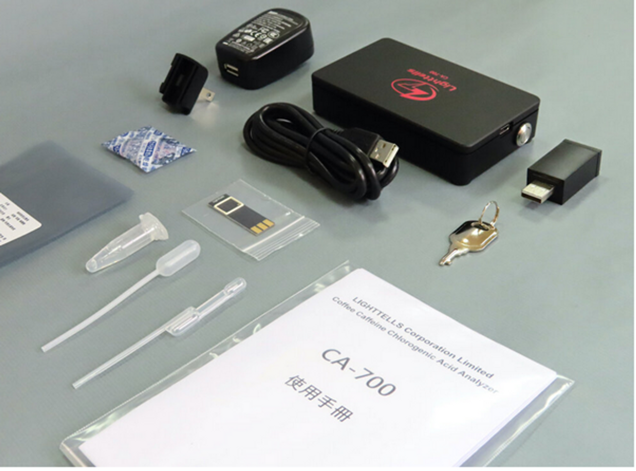 Everything you need to start testing caffeiene 
& chlorogenic acid in cofffee
5V Power Adapter x 1
USB type C charging cable
Test Chip package x 20
Each package includes: 
Test Chip x 1
Reagent x 1
Dropper x 1 (for mixing reagent)
Quantitative Dropper x 1 (for coffee)