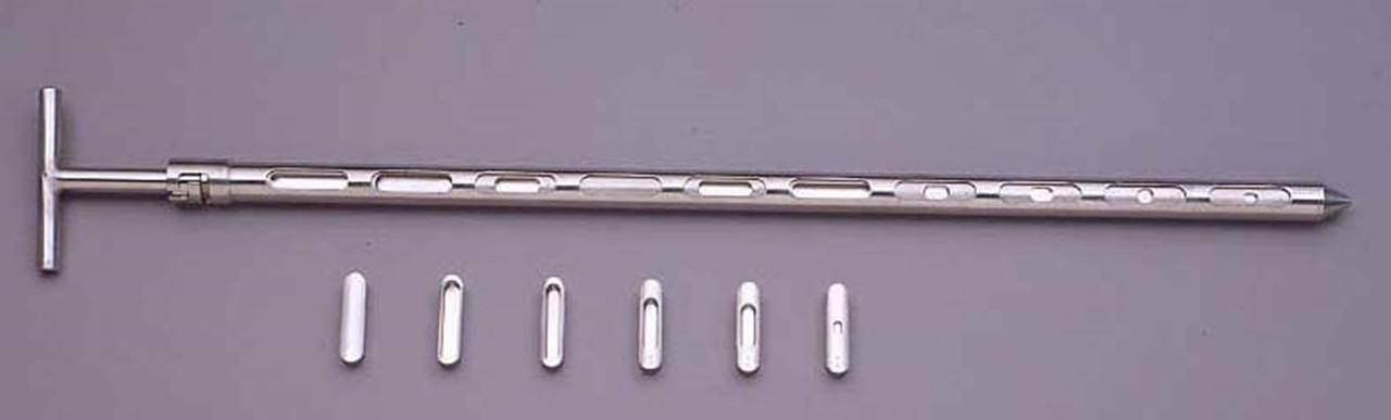 UD MASTER SINGLE STYLE SAMPLER 900 mm LENGTH (6) SAMPLING POINTS
Standard single-sample design. 0.875” in diameter. One unit-dose sample is obtained at each sample port. The bottom most port starts at 1.5” from the tip. 40 different sizes of sample dies (0.1cc to 4.0cc in increments of 0.1cc) and 30 different sizes of split sample dies (0.1cc to 3.0cc in increments of 0.1cc) fit in this sampler. Split sample dies are used if the powder sample has to be compacted into a tablet in the die itself. Stock sizes are 1ft with 5 ports, 2ft with 10 ports, 3ft with 6 ports, 4ft with 8 ports, 5ft with 10 ports and 6ft with 12 ports.