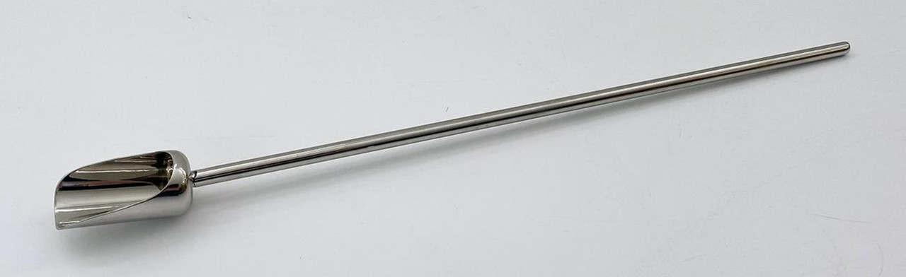 Description Long Handled PharmaScoop 10ml
Nominal Volume: 10ml
Material of Construction: 316L stainless steel
Method of Construction: Crevice free, all welds ground and polished
Surface Finish: Better than 0.5 microns Ra
Overall Length: 345mm
Handle Length: 300mm
Body Length: 45mm
Body Diameter: 25mm
Nominal Weight: 64g
BSE/TSE statement: All polishing compounds used in the manufacture of this product are of vegetable origin
Recommended Storage Conditions: Dry and ambient temperature