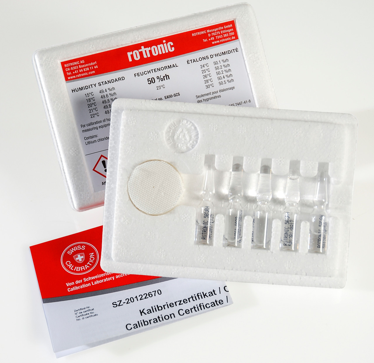 Rotronic Humidity Standard 11%RH (Five vials per box)
Features
• Ampoules contain unsaturated salt solutions
• Inexpensive calibration on site
• Simple and safe use
• Unlimited lifetime
• Practical packs of 5 ampoules of the same humidity value (approx. 0.8 ml per ampoule)