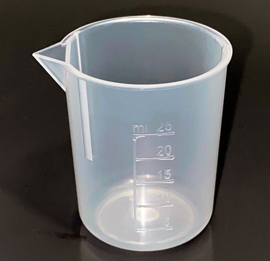 Description: SteriWare® Graduated Beaker 25ml
Use: Single use, disposable beaker
Material of Construction: Polypropylene (PP) - virgin
• Conforms to FDA CFR 177.1520
• Conforms to EU Regulations 10/2011
• Conforms to EC Regulations 1935/2004
• BSE/TSE free
Method of Construction: Single piece, injection moulded
Nominal Volume: 25ml
Brimful Volume: 35ml
Max. Width (inc. spout): 43mm
Top diameter (excl. spout) 38mm
Bottom diameter: 33mm
Overall Height: 46mm
Graduation Marks: From 5ml to 25ml (every 5ml)
Nominal Weight: 5g
Moulding Environment: Class 100,000 Cleanroom
Primary Packing Environment: Class 10,000 Cleanroom
Individually Bagged? Yes (heat sealed PE/PET bag)
Method of Sterilisation: N/A
Quantity per Box: 50