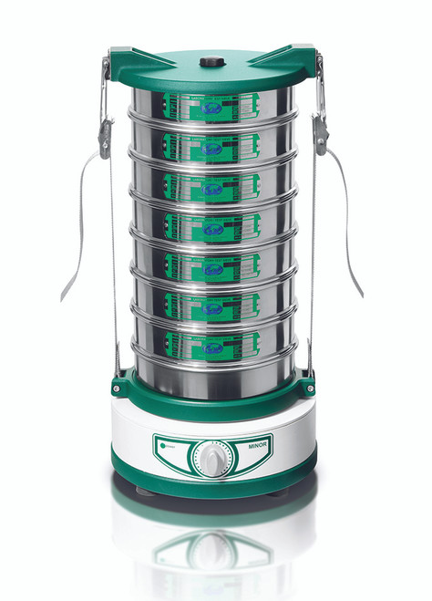 Specifications
Range 	38 µm to 125 mm
Drive / sieving motion 	electromagnetic
Max. batch / feed capacity 	3 kg
Max. number of sieves 	8 full height / 16 half height (200 mm sieves)
Amplitude 	~ 1.6 mm*
fixed
Speed 	3,000 min-1 at 50 Hz
Time display 	analog, 0 - 60 min, continuously
Suitable for dry sieving 	yes
Suitable for wet sieving 	-
Serial interface 	-
Sieve diameter 	100 / 200 mm
3" / 8"
Max. height of sieve stack 	-
Clamping device 	clamping belt system (included)
Model 	benchtop
Protection code 	IP 20
Electrical supply 	different voltages available
Power connection 	1-phase
W x H x D 	262 x 126 mm
Net weight 	~16 kg
Standards 	CE