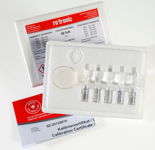 Rotronic Humidity Standard 0.0%RH (Five vials per box)
Features
• Ampoules contain unsaturated salt solutions
• Inexpensive calibration on site
• Simple and safe use
• Unlimited lifetime
• Practical packs of 5 ampoules of the same humidity value (approx. 0.8 ml per ampoule)