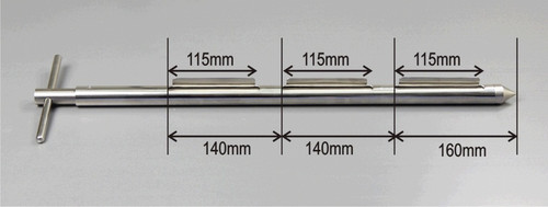 2220B600
Cohesive Pocket Sampler 600mm
Material of Construction: 316 stainless steel
Outer Diameter of Outer Tube: 25 mm (plus 10mm approx.. for scrapers)
Overall Length: 600 mm
Pocket Length: 115 mm
Pocket Width: 11 mm
Pocket Volume: 15 ml
Number of Pockets 3
Pocket Positions:
External Finish: <1 Micron Ra
Internal Pocket Finish: Fine machined finish