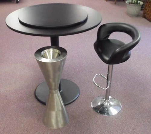 ECONOMY CUPPING TABLE.
42'' Round Black Laminate Table Top  
24'' Round Steel Base
Available in    bar height  (41.5 inches to bottom of tabletop)
                            dining height (29 inches to bottom of tabletop)