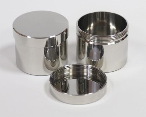 MiniPot 50 ml
Material of Construction: 316 stainless steel
Nominal Volume: 50ml
Brimful Volume: 60ml
Overall Height (body & lid): 42mm
Body Height: 40mm
Maximum Body Diameter: 50mm
Lid Diameter: 53mm
Nominal Weight: 170g

Finish   Machined Finish (Ra < 1.0 microns)

BSE/TSE statement: All polishing compounds used in the 
manufacture of this product are of vegetable origin