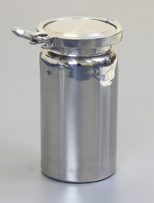 Stainless Container 2 Liter
Materials of Construction:
- Body: 316 stainless steel
- Lid: 316 stainless steel
- Clamp: 304 stainless steel
- Gasket: Silicone (FDA acceptable grade)

Method of Construction: All welds ground and polished
Crevice free interior
Surface Finish: Better than 0.5 microns Ra
Dimensions 
Width   = 119 mm
Length = 227 mm
Weight: 2.0 Kg (body + lid + gasket + clamp)
Note: The neck of the container is fitted with a 4” diameter ferrule which conforms to BS4825-3