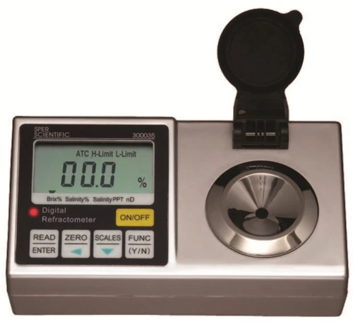 This programmable refractometer comes preloaded with the commonly used Brix (0 to 88%) and nD (refractive index) scales.