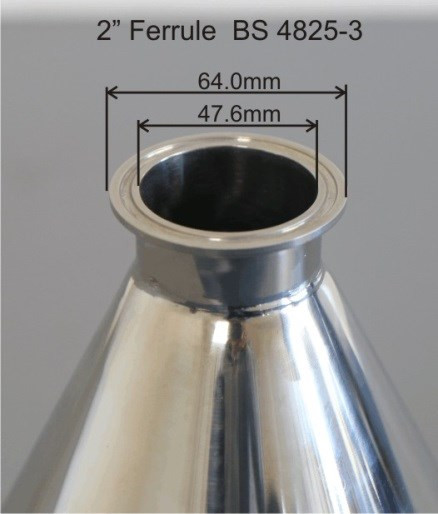 2 INCH FERRULE
Nominal volume of 23.3 liters for efficient handling of materials
Top diameter of 400 mm and flange diameter of 418 mm for seamless integration with existing systems
Overall height of 396 mm with a spout length of 25 mm, designed for easy pouring and transferring materials
Weighs only 4.2 kg, lightweight for easy handling without compromising strength
Storage recommendation: Dry conditions and ambient temperature suitable for optimal longevity
BSE/TSE compliant, using only vegetable-origin polishing compounds during manufacturing