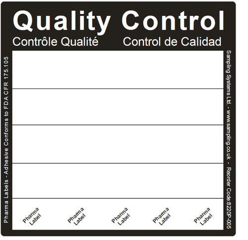 Description: Quality Control Pharma Label - Black - 95X95mm
Adhesive: Ultra Adhesive - High strength foil backed paper labels
Colors: Black & White
FDA Acceptable Adhesive? No
Dimensions: 95 x 95 mm
Number of Labels per Roll: 500 (approx).
Weight: 1300 g per roll
Method of Sterilization: N/A
Recommended Storage Conditions Dry and ambient temperature