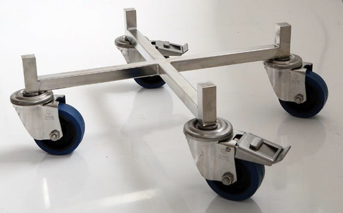 Description Drum Trolley (for drums up to 600mm diameter)
Material of Construction:          
Frame:       304 stainless steel
Wheel Mounts:   304 stainless steel
Wheels:      Polyamide

Method of Construction: Frame - welded
Surface Finish:               Brush finish
Max. Frame Width:         790 mm

Deck Height                 135 mm
Nominal Weight:               8.5kg

Notes:  All four wheels are able to swivel
-  Two wheels are fitted with brakes