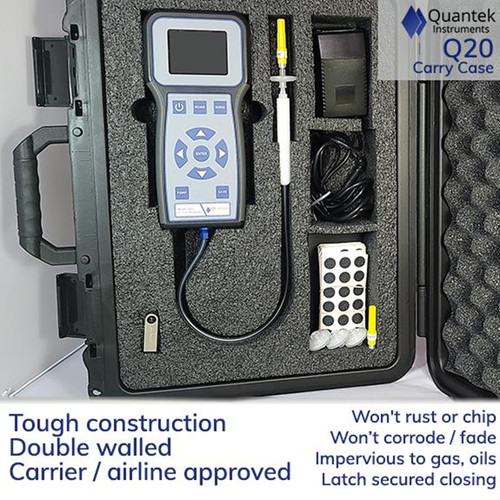 The Q20 series of analyzers feature a color display, menu driven setup, calibration functions,
a built-in sample pump, and data collection (up to 100,000 values).
This unit combines a fast response sensor for oxygen in a small, lightweight (under 2 lbs.)
package for maximum trans portability and ease of use in all types of gas measurement applications.
The unit is battery operated and can be easily moved or transported as needed.
Low power consumption enables up to 15 hours of operation before re-charging (charger included) is required.
The unit has a rugged miniature diaphragm pump with adjustable timing functions to operate only when sampling.
The Q20 Series is available with several sampling inlet configurations to suit many different monitoring applications,
including a sample probe/needle assembly for package testing, or a straight tube probe with flexible tubing attachment.
The latter attachment is ideal for insertion into various processes, containers, and bio enclosures.