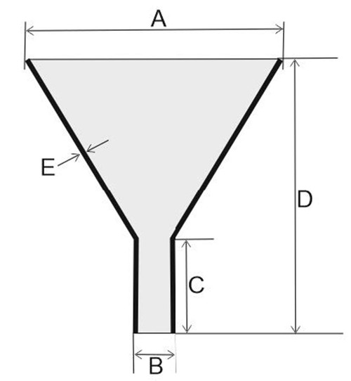 Description Funnel 100mm top diameter, 12 mm spout diameter
Use Suitable for low viscosity liquids
Material of Construction: 316L stainless steel
Method of Construction: Crevice free all welds ground and polished
Surface Finish: Better than 0.5 microns Ra
Dimensions A - Top Diameter 100mm
B - Diameter of Spout 12.5mm
C - Length of Spout 40mm
D - Overall Height 118mm
E - Wall Thickness 1.5mm
Internal Angle: 60°
Nominal Weight: 160g