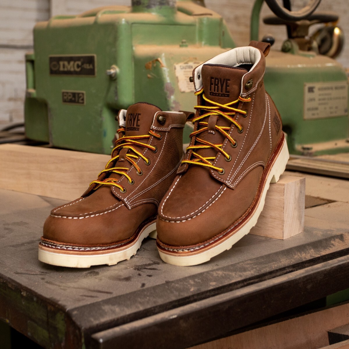 Frye Supply men&rsquo;s maintenance work boot on a work bench.