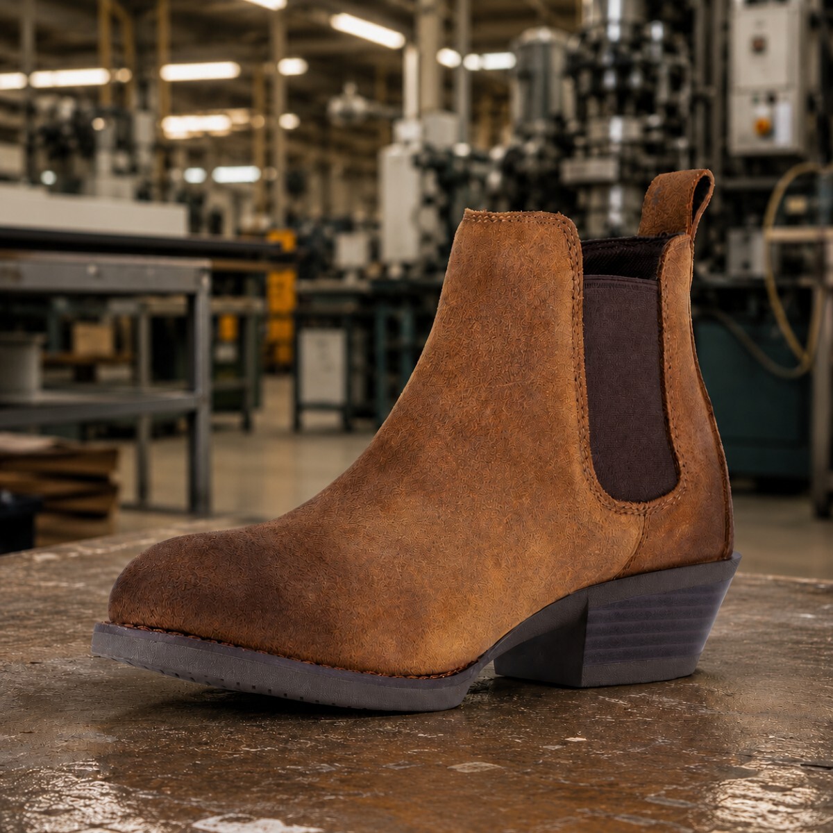 chelsea-manufacturing-boot.jpg Women’s Chelsea manufacturing boot sitting on a work bench inside a factory.