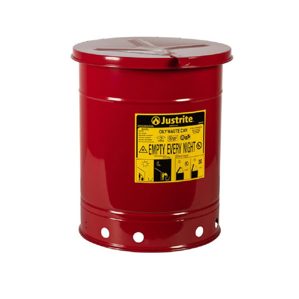 Justrite Red Hand-Operated Cover Oily Waste Can, 10 Gallons/38 Litres   Justrite Red Hand-Operated Cover Oily Waste Can, 10 Gallons/38 Litres